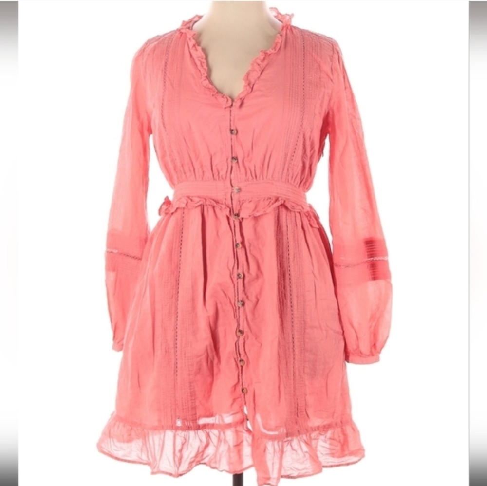 Scotch & Soda Organic Cotton Boho Ruffle Mini Dress XL Pink Button Front - Picture 4 of 10